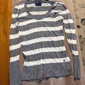 Gray and White Striped Long Sleeve Shirt